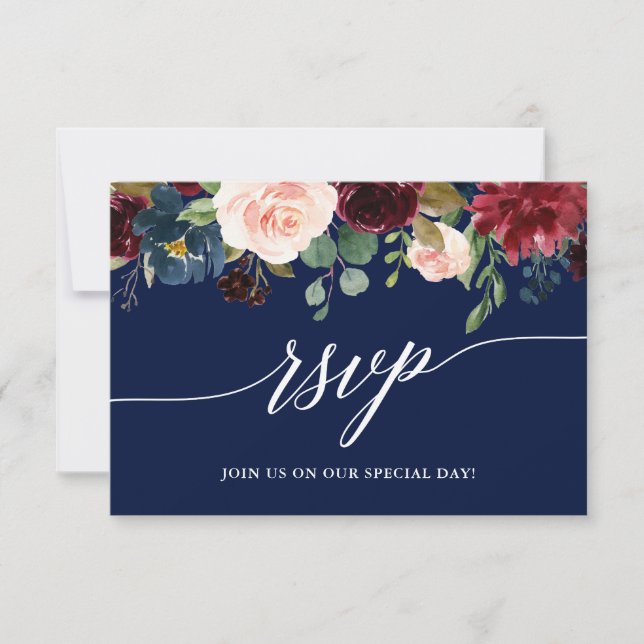 Calligraphy Burgundy Floral Blue Wedding RSVP Meal (Front)