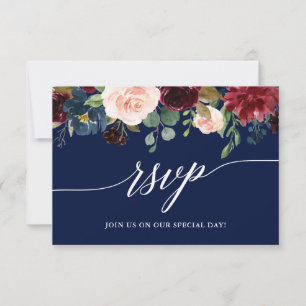 Calligraphy Burgundy Floral Blue Wedding RSVP Meal Card