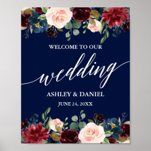 Calligraphy Burgundy Floral Blue Wedding Welcome Poster