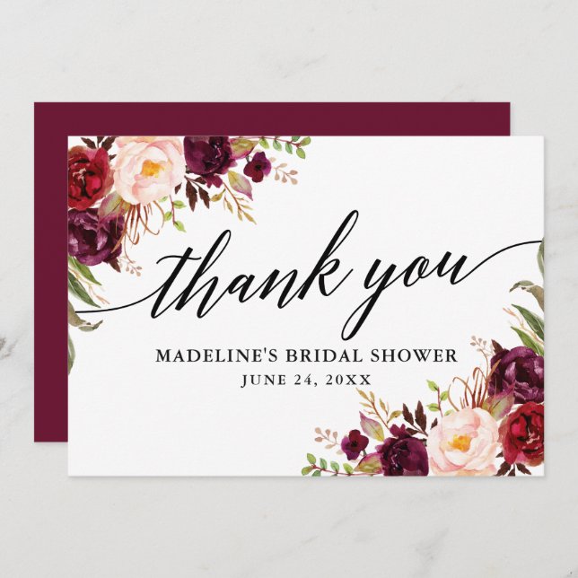 Calligraphy Burgundy Floral Bridal Shower Thank You Card (Front/Back)