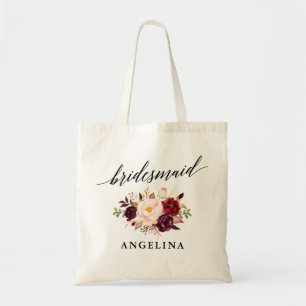 Calligraphy Burgundy Floral Bridesmaid Name Tote Bag