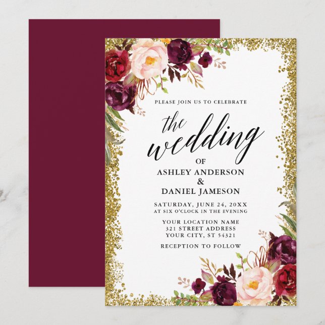 Calligraphy Burgundy Floral Gold Glitter Wedding Invitation (Front/Back)