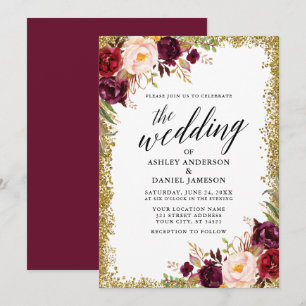 Calligraphy Burgundy Floral Gold Glitter Wedding Invitation