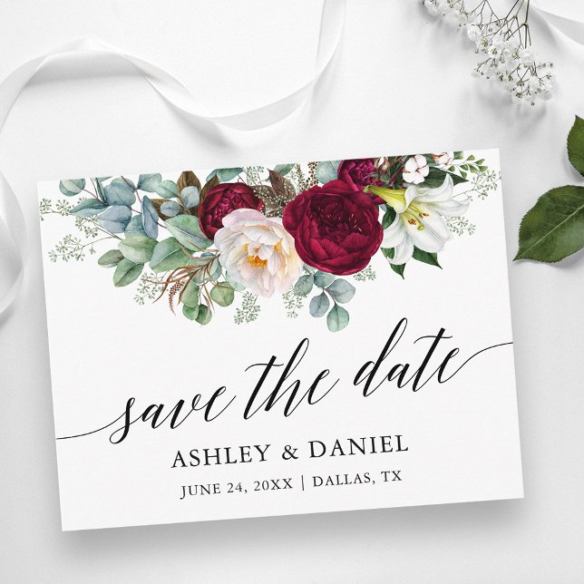 Calligraphy Burgundy Floral Greenery Save The Date Postcard (Customize to change your personalized text size or text style.)