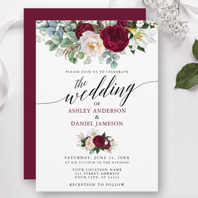 Calligraphy Burgundy Floral Greenery Wedding B Invitation (Customize to change text color, style, add text & photos to back or change color of back of card.)