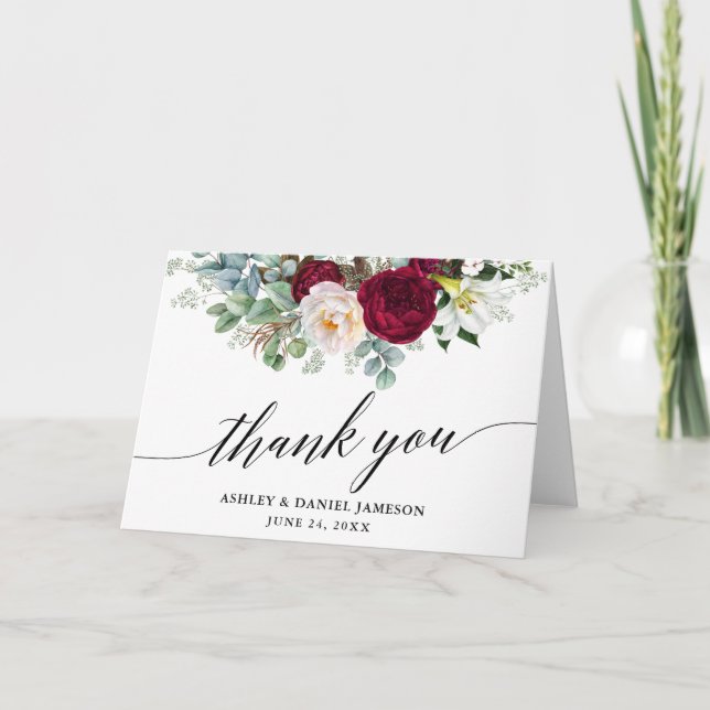 Calligraphy Burgundy Floral Greenery Wedding Fold Thank You Card (Front)