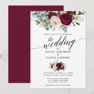 Calligraphy Burgundy Floral Greenery Wedding Invitation
