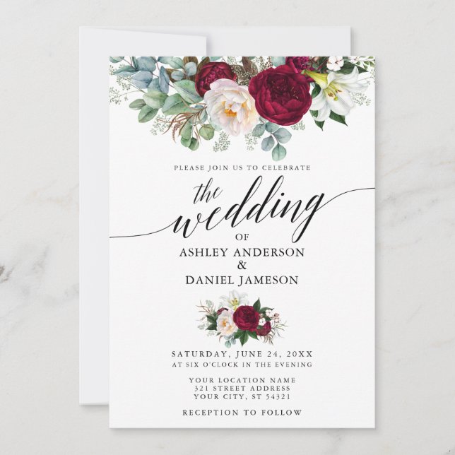 Calligraphy Burgundy Floral Greenery Wedding W Invitation (Front)