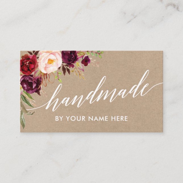 Calligraphy Burgundy Floral Hand Made Kraft Style Business Card (Front)