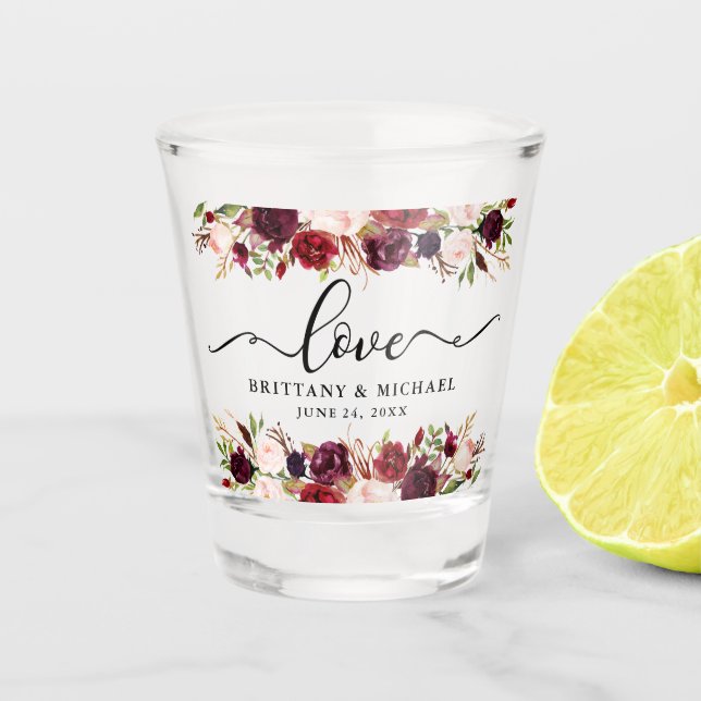 Calligraphy Burgundy Floral Love Wedding Shot Glass (Front)