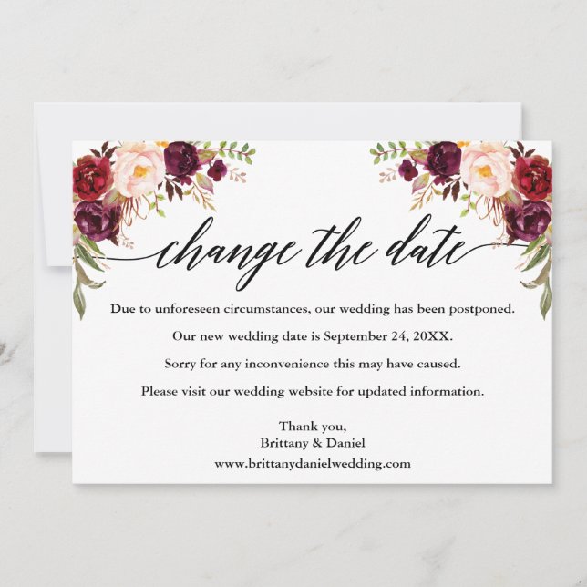Calligraphy Burgundy Floral New Wedding Date Card (Front)