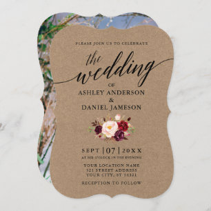 Calligraphy Burgundy Floral Photo Kraft Wedding Invitation