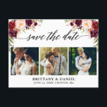 Calligraphy Burgundy Floral Save The Date 3 Photo Announcement Postcard<br><div class="desc">Modern Calligraphy Script,  Watercolor Burgundy Floral,  Save The Date Engagement Announcement Couple 3 Photo Postcard</div>