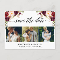 Calligraphy Burgundy Floral Save The Date 3 Photo