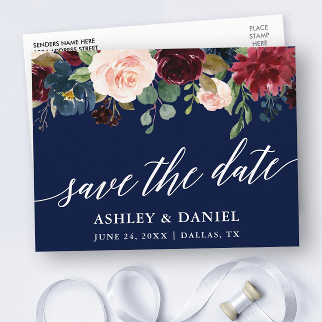Calligraphy Burgundy Floral Save The Date Blue Postcard (Customize to change your personalized text size, text style or background color of card.)