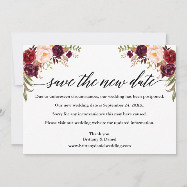Calligraphy Burgundy Floral Save The New Date Card (Front)