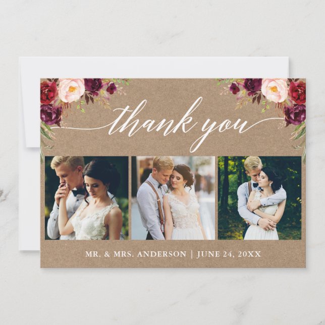 Calligraphy Burgundy Floral Wedding 3 Photo Kraft Thank You Card (Front)