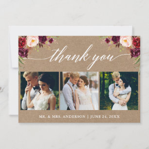 Calligraphy Burgundy Floral Wedding 3 Photo Kraft Thank You Card