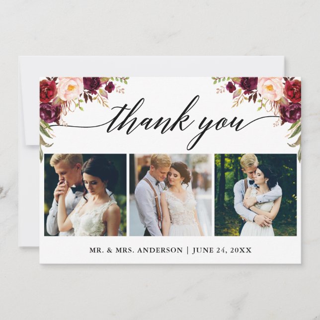 Calligraphy Burgundy Floral Wedding 3 Photo Thank You Card (Front)