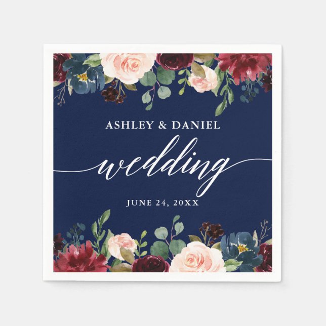 Calligraphy Burgundy Floral Wedding Blue Napkin (Front)