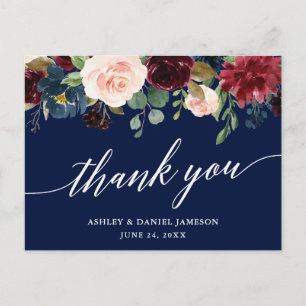 Calligraphy Burgundy Floral Wedding Blue Thank You Postcard