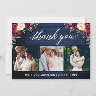 Calligraphy Burgundy Floral Wedding Blue Wood Thank You Card