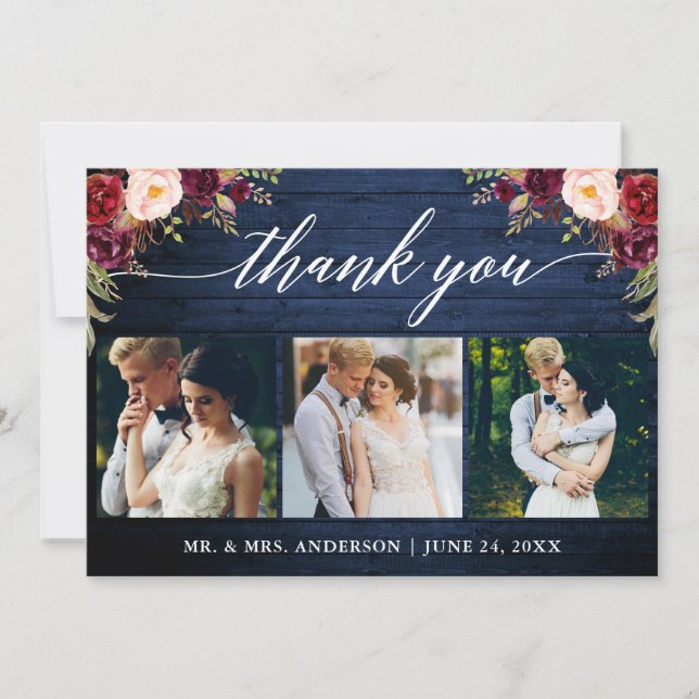 Calligraphy Burgundy Floral Wedding Blue Wood Thank You Card (Front)