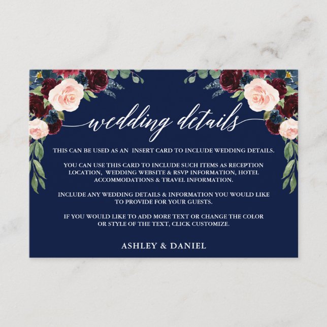 Calligraphy Burgundy Floral Wedding Details Blue Enclosure Card (Front)