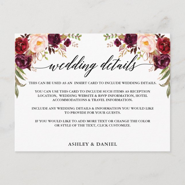 Calligraphy Burgundy Floral Wedding Details Card (Front)