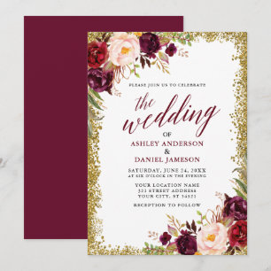 Calligraphy Burgundy Floral Wedding Gold Glitter Invitation