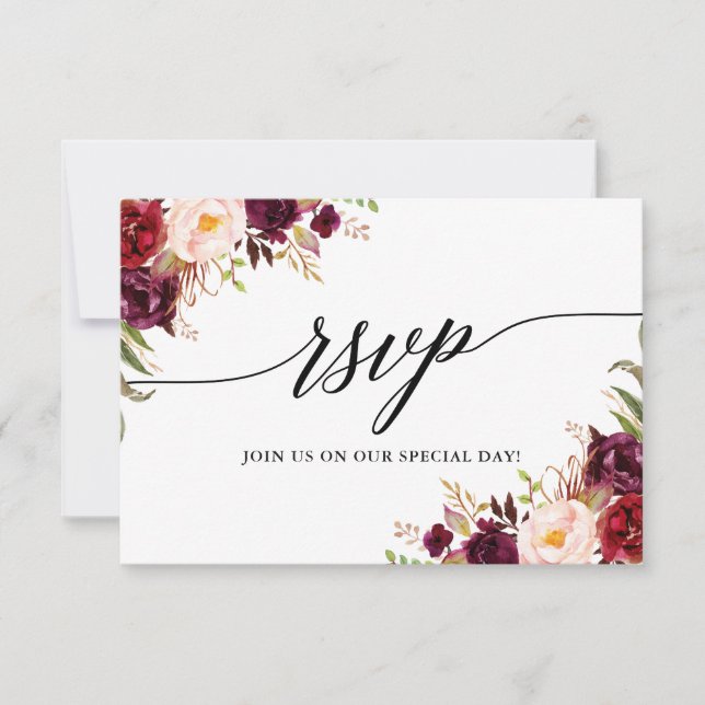 Calligraphy Burgundy Floral Wedding RSVP Meal Card (Front)