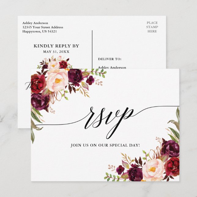 Calligraphy Burgundy Floral Wedding RSVP Postcard (Front/Back)