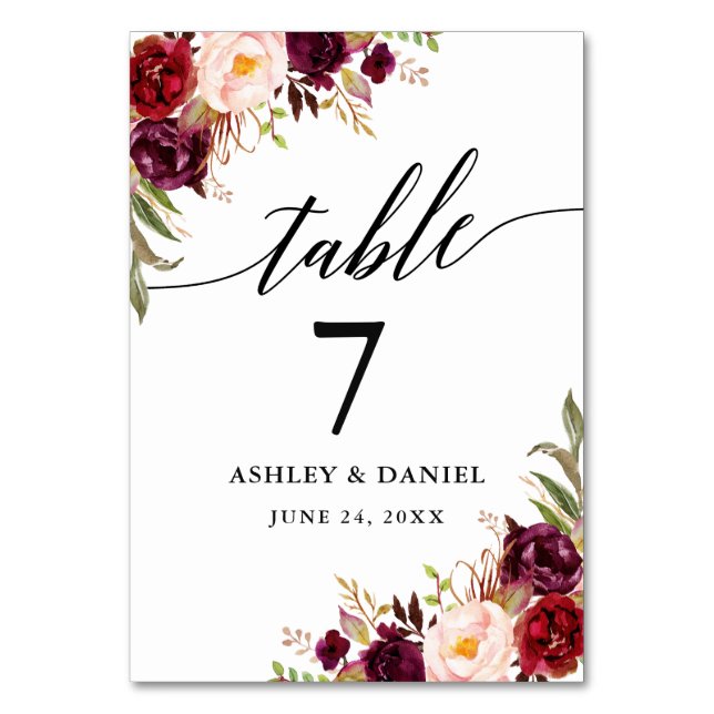 Calligraphy Burgundy Floral Wedding Table Number (Front)