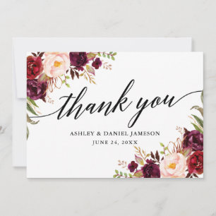 Calligraphy Burgundy Floral Wedding Thank You Card