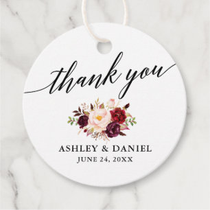 Calligraphy Burgundy Floral Wedding Thank You Favour Tags