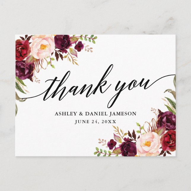 Calligraphy Burgundy Floral Wedding Thank You Postcard (Front)
