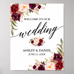 Calligraphy Burgundy Floral Wedding Welcome Poster