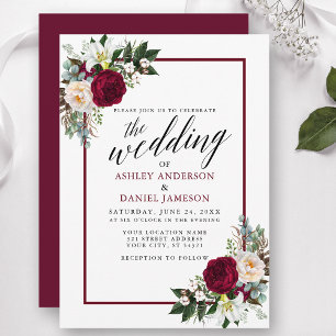 Calligraphy Burgundy Frame Greenery Floral Wedding Invitation