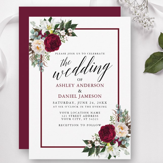 Calligraphy Burgundy Frame Greenery Floral Wedding Invitation (Customize to change text color, style, add text & photos to back or change color of back of card.)