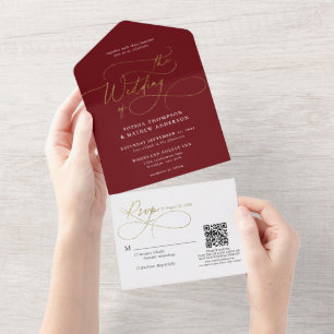 Calligraphy Burgundy Gold QR Code Wedding All In One Invitation