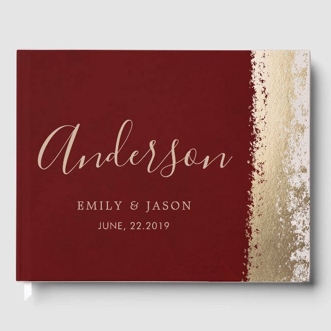 Calligraphy, Burgundy, Gold Wedding Keepsake Guest Book (Front)