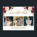 Calligraphy Burgundy Save The Date 3 Photo Gold Announcement Postcard<br><div class="desc">Modern Calligraphy Script,  Watercolor Burgundy Marsala Floral,  Save The Date Engagement Announcement Couple 3 Photo Postcard</div>