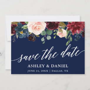Calligraphy Burgundy Save The Date Blue Card