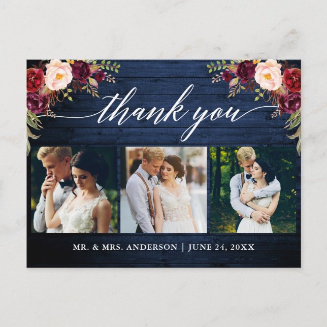 Calligraphy Burgundy Wedding Blue Wood Thank You Postcard (Front)