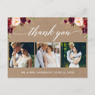 Calligraphy Burgundy Wedding Photo Kraft Thank You Postcard