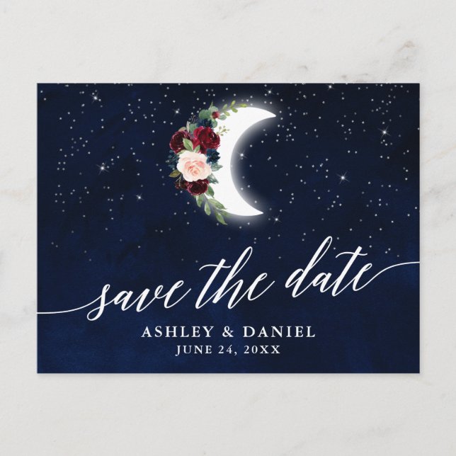 Calligraphy Celestial Floral Moon Save The Date Postcard (Front)