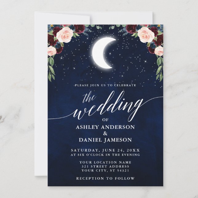 Calligraphy Celestial Moon Stars Floral Wedding Invitation (Front)