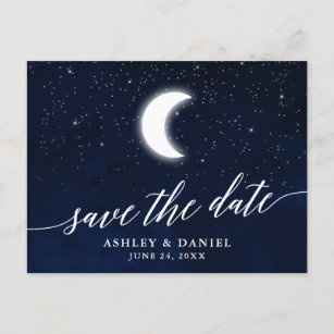 Calligraphy Celestial Moon Stars Save The Date Postcard