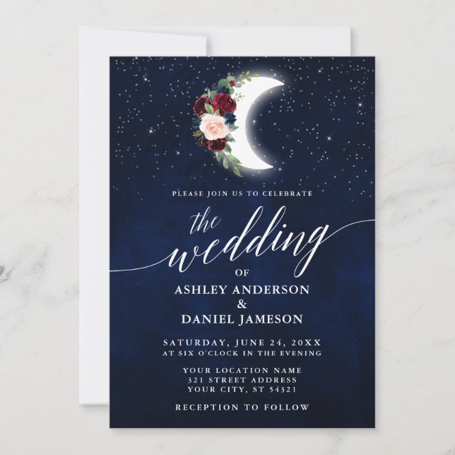 Calligraphy Celestial Wedding Floral Moon Stars Invitation (Front)