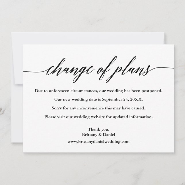 Calligraphy Change of Plans New Wedding Date Card (Front)